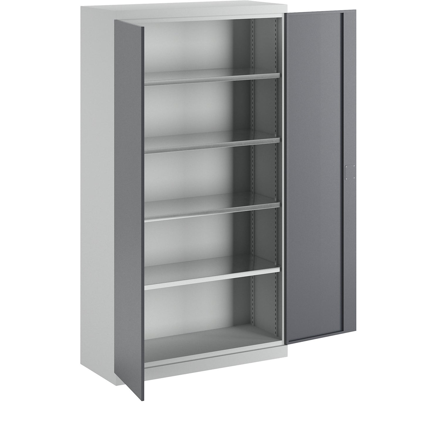 Storage cupboard, depth 450 mm, 4 shelves and solid panel doors, grey doors.