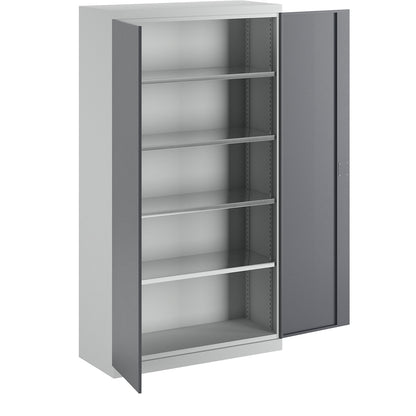 Storage cupboard, depth 450 mm, 4 shelves and solid panel doors, grey doors.