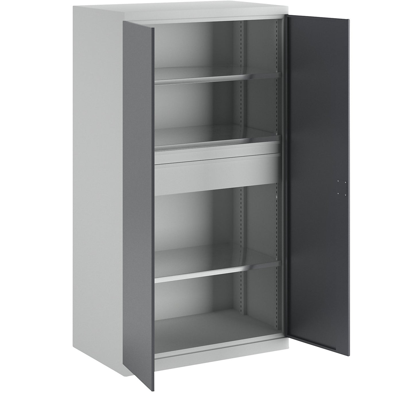 Storage cupboard, depth 650 mm, 3 shelves + 2 drawers, grey doors.