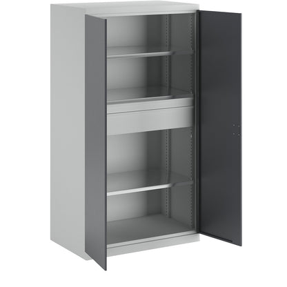 Storage cupboard, depth 650 mm, 3 shelves + 2 drawers, grey doors.