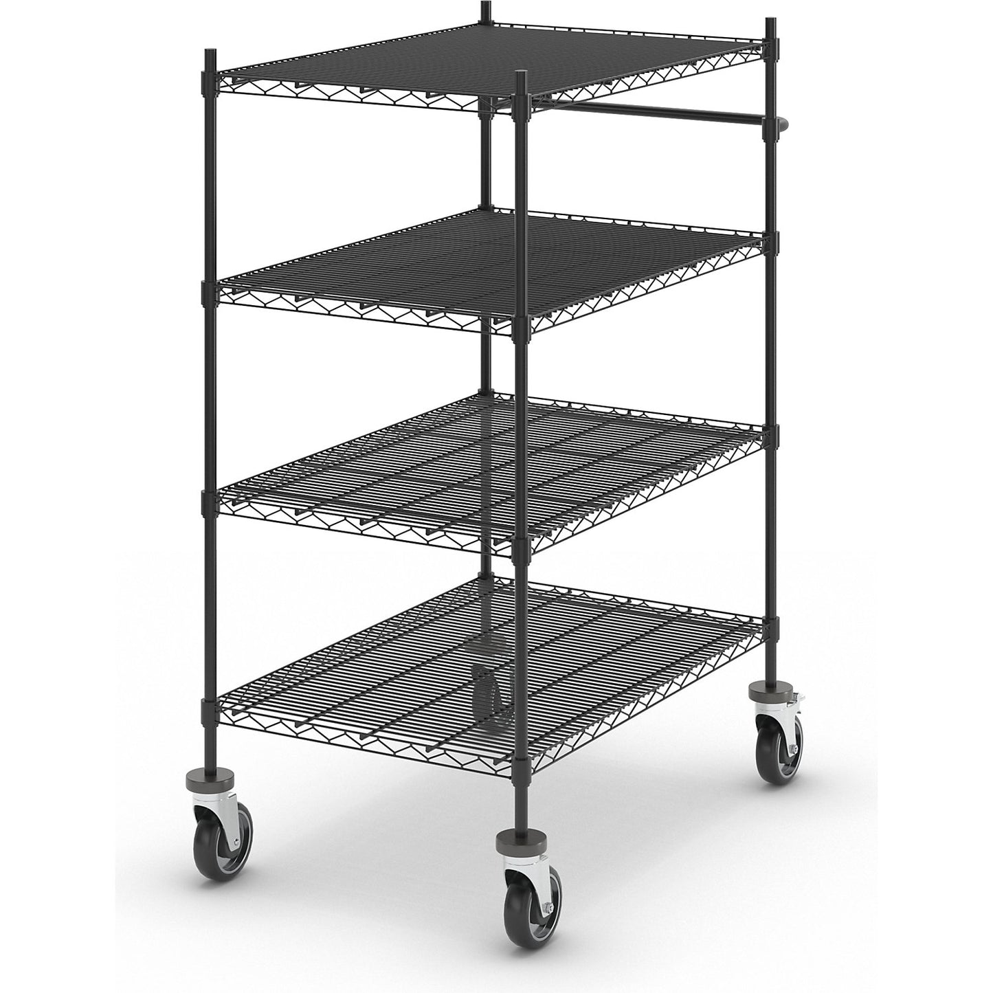 Wire mesh table trolley, black, with 4 shelves, LxWxH 910 x 610 x 1350 mm.