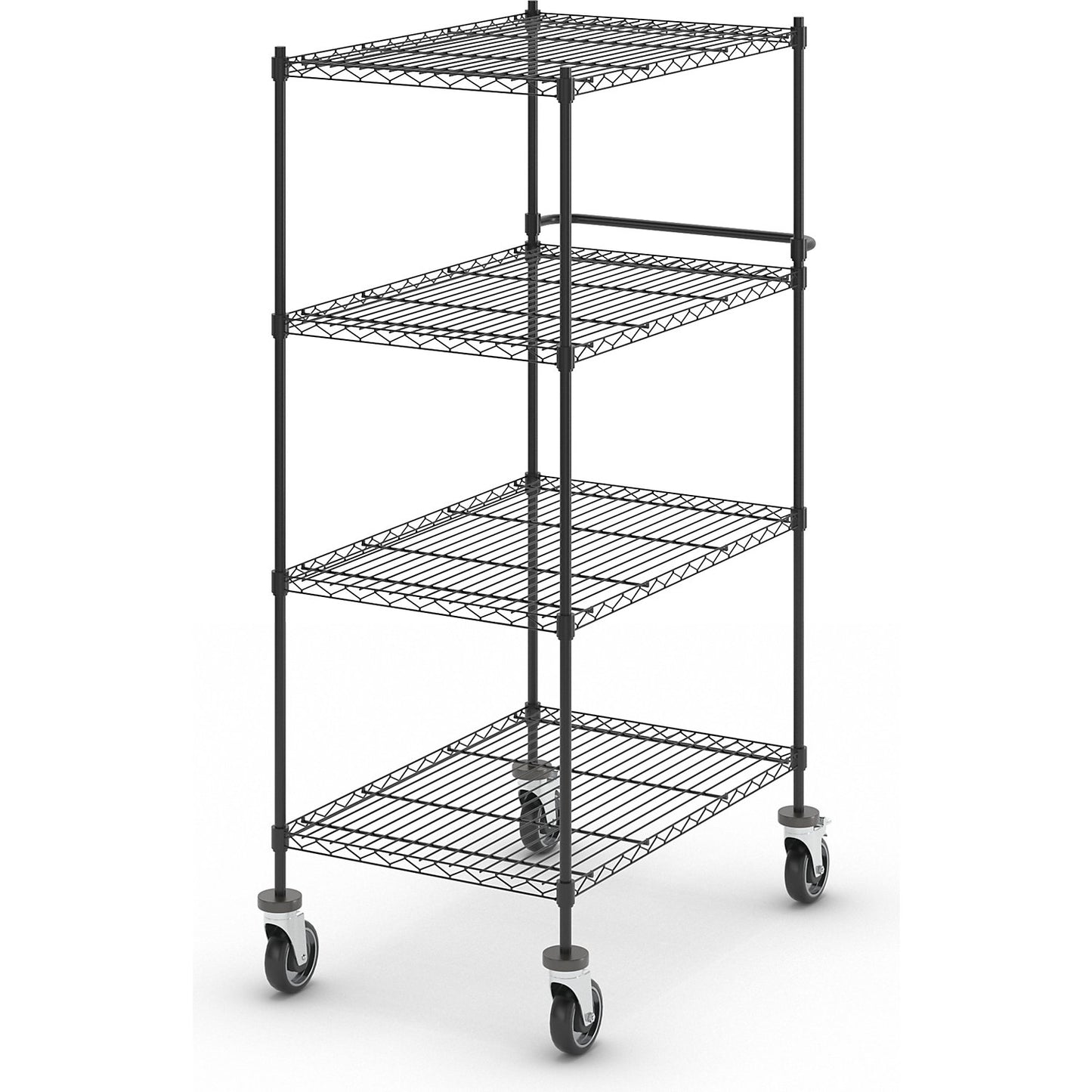 Wire mesh table trolley, black, with 4 shelves, LxWxH 910 x 610 x 1670 mm.