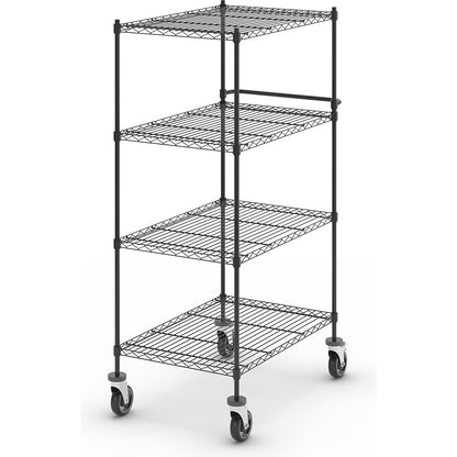 Wire mesh table trolley, black, with 4 shelves, LxWxH 910 x 610 x 1670 mm.