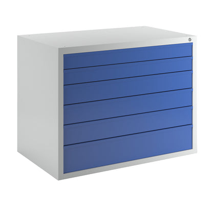 Drawer cupboard, 6 drawers, width 1050 mm, blue front.