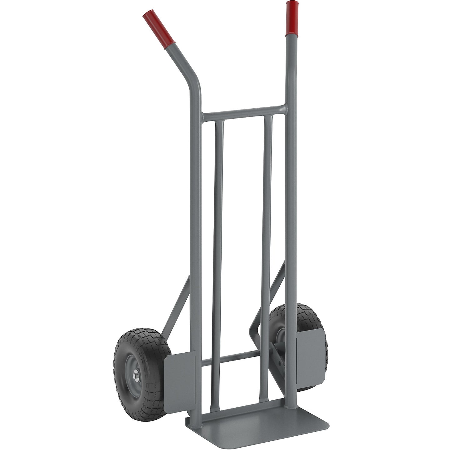 Steel sack truck, with 2 vertical struts, max. load 150 kg, puncture proof tyres.