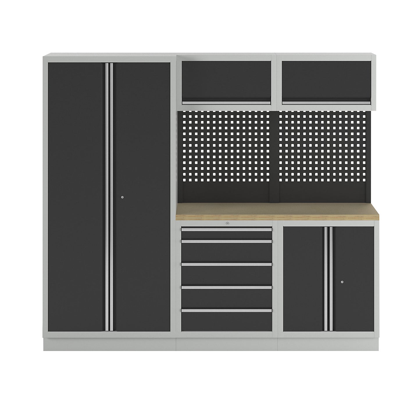 Cupboard system, 1 cupboard, 2 add-on drawer units, 2 wall mounted cupboards, charcoal.