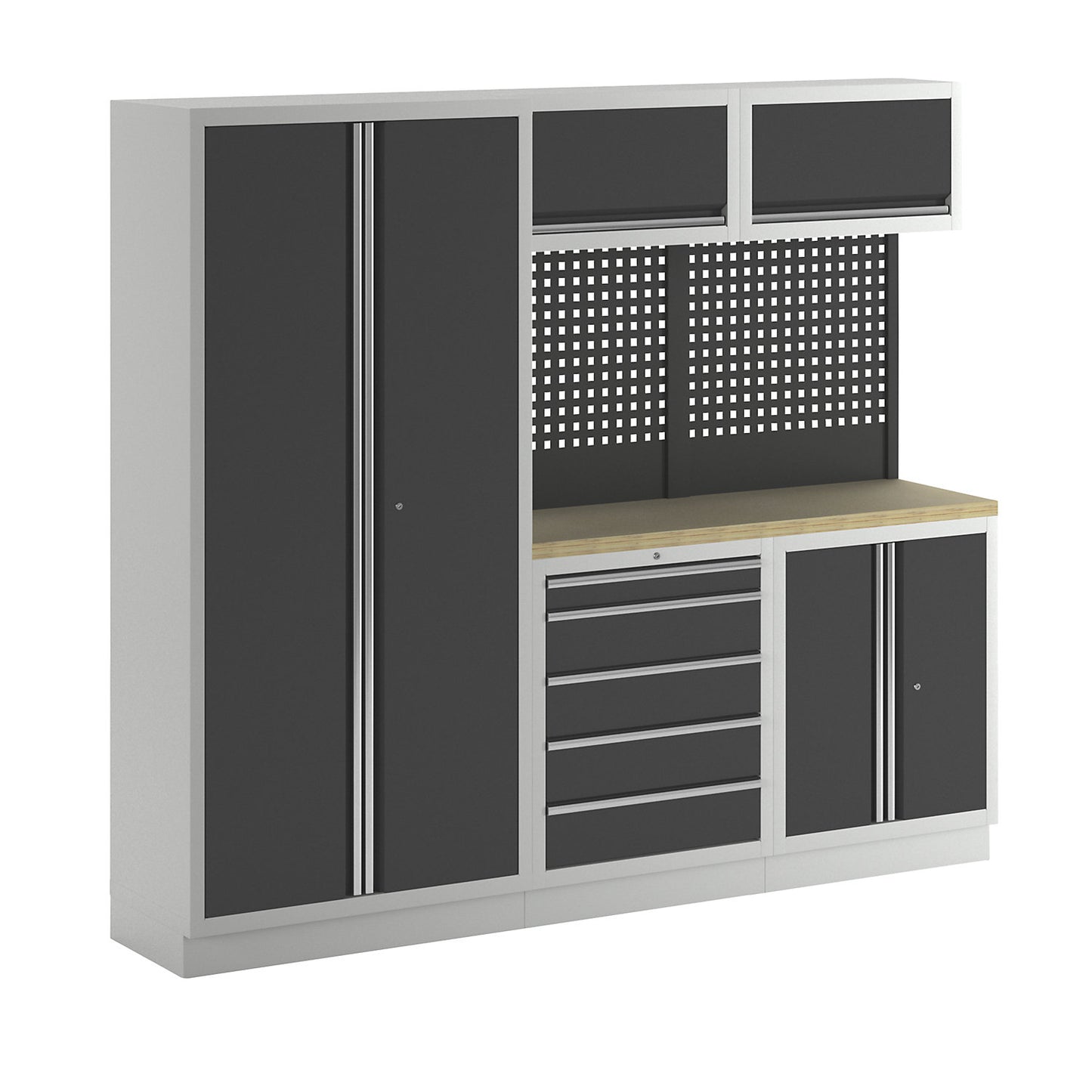 Cupboard system, 1 cupboard, 2 add-on drawer units, 2 wall mounted cupboards, charcoal.