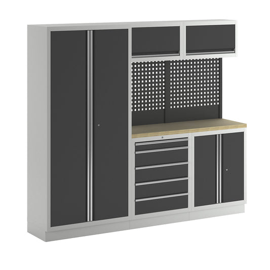 Cupboard system, 1 cupboard, 2 add-on drawer units, 2 wall mounted cupboards, charcoal.