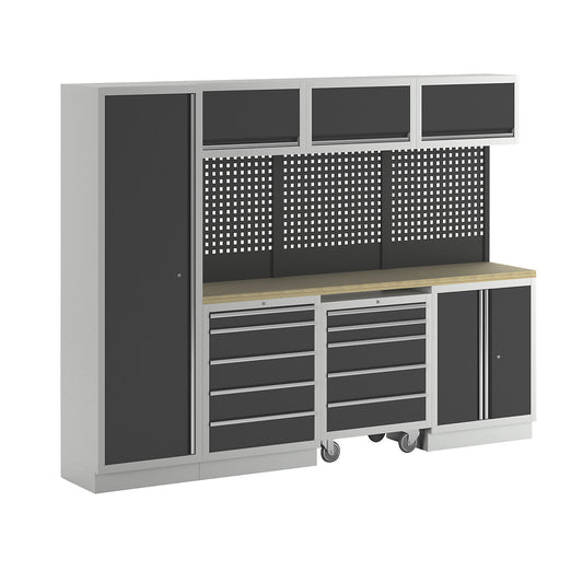 Cupboard system, 1 cupboard, 3 add-on drawer units, 3 wall mounted cupboards, charcoal.