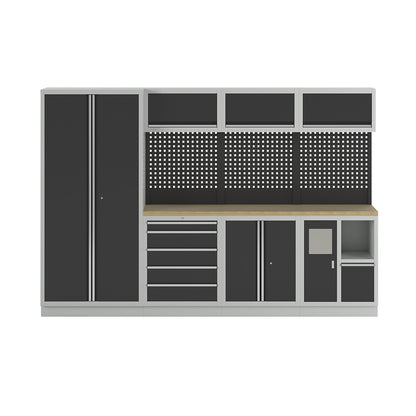 Cupboard system, 1 cupboard, 3 wall mounted cupboards, 3 add-on drawer units, charcoal.