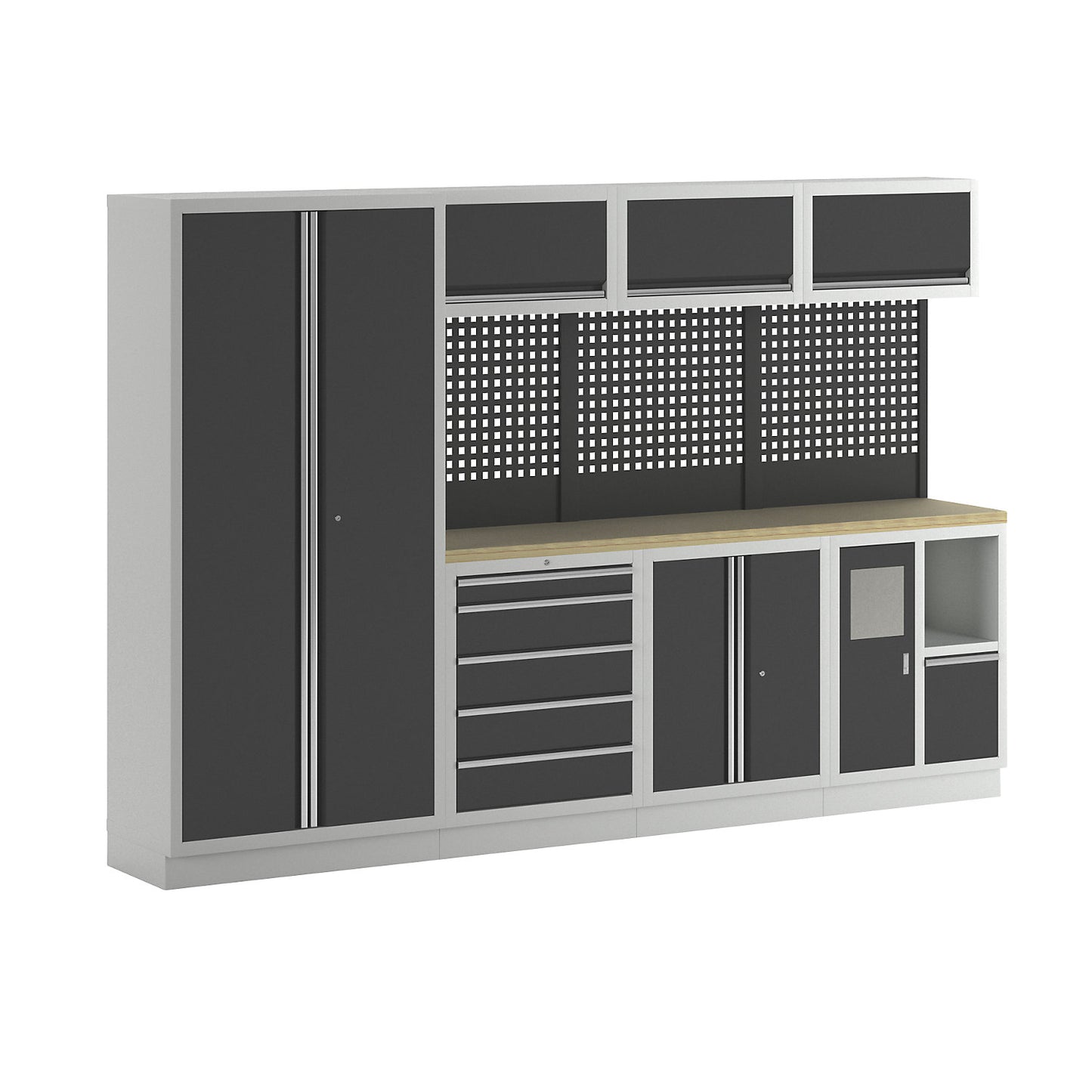 Cupboard system, 1 cupboard, 3 wall mounted cupboards, 3 add-on drawer units, charcoal.