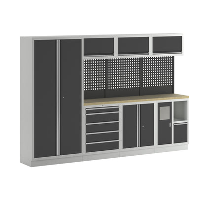Cupboard system, 1 cupboard, 3 wall mounted cupboards, 3 add-on drawer units, charcoal.