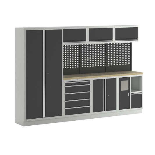 Cupboard system, 1 cupboard, 3 wall mounted cupboards, 3 add-on drawer units, charcoal.