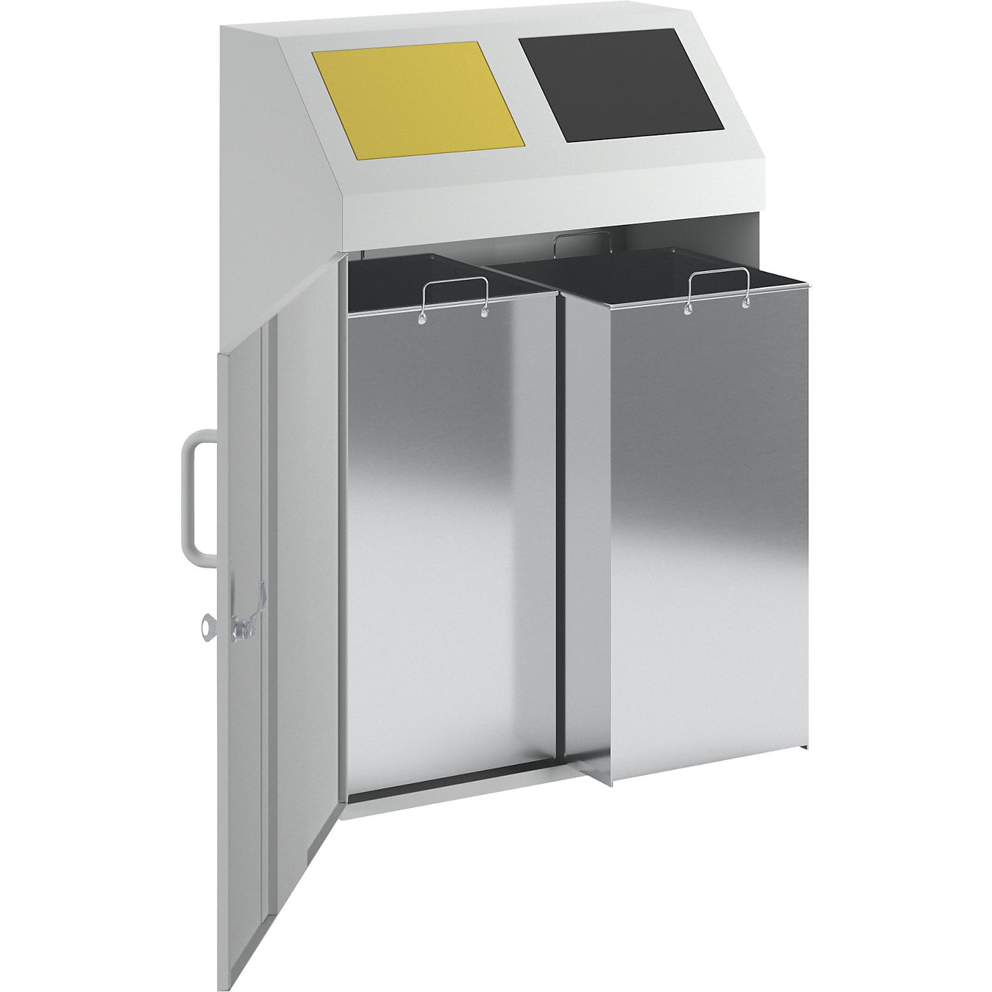 Recyclable waste collection cupboard, capacity 2 x 50 l, light grey RAL 7035.