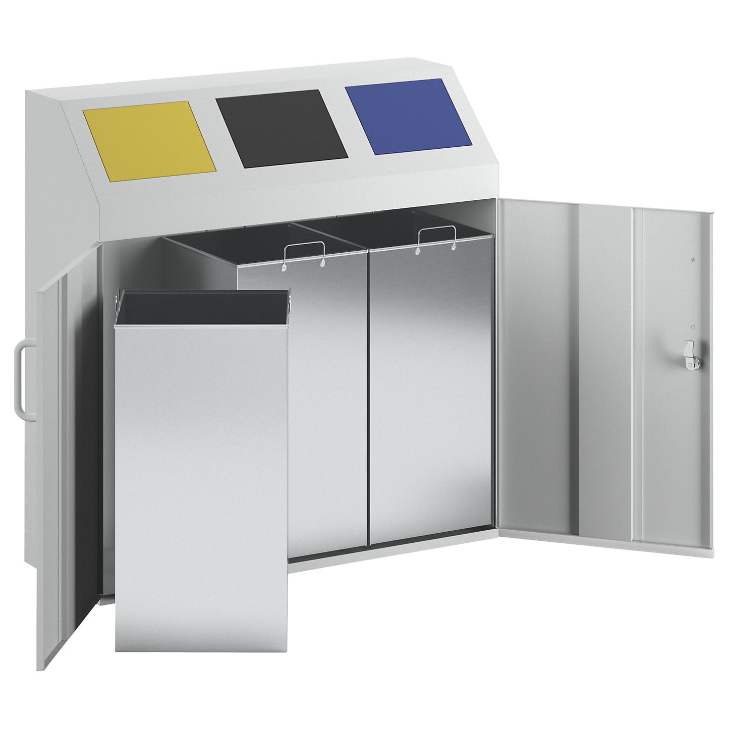 Recyclable waste collection cupboard, capacity 3 x 50 l, light grey RAL 7035.