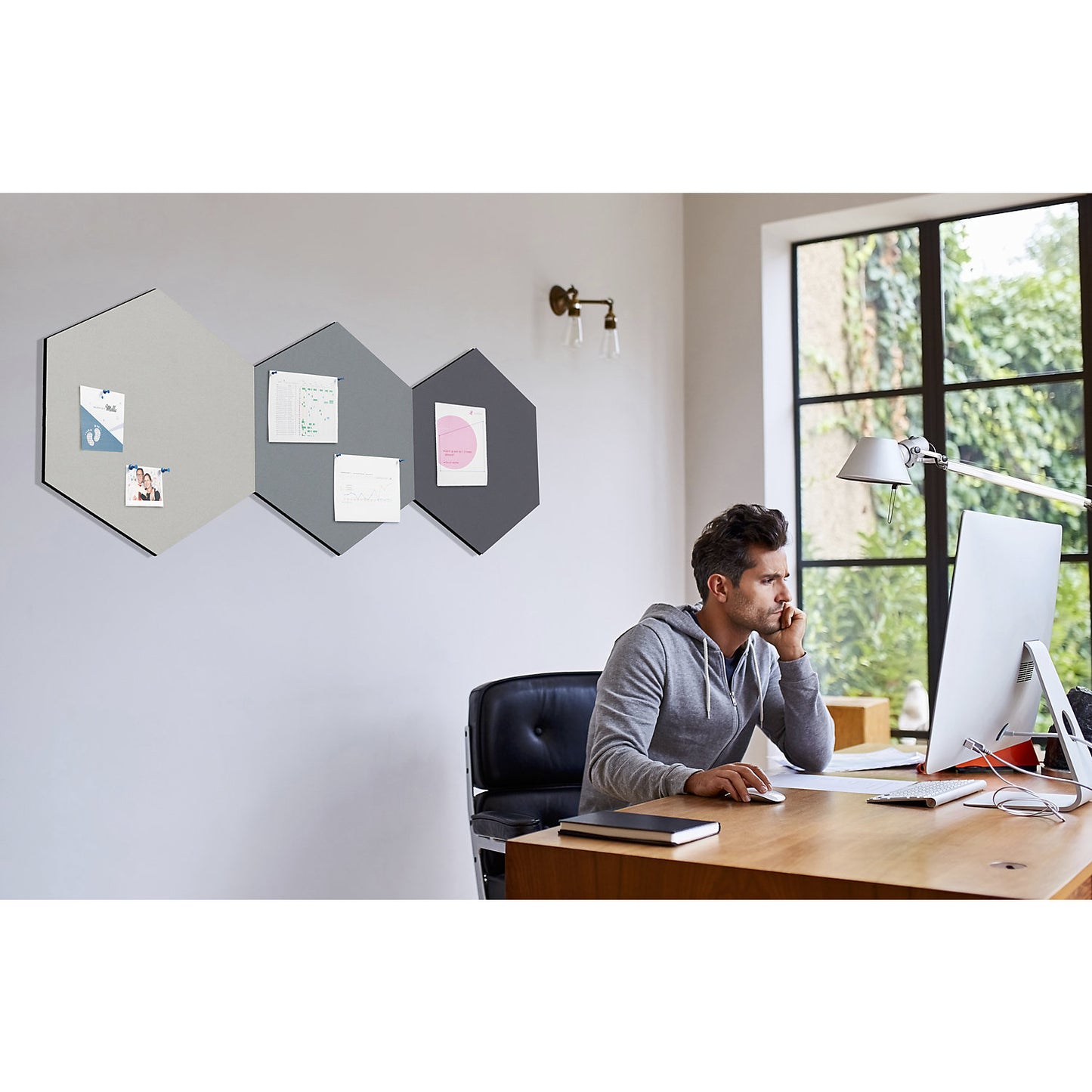 Hexagonal designer pin board, cork, WxH 600 x 600 mm, dark grey.