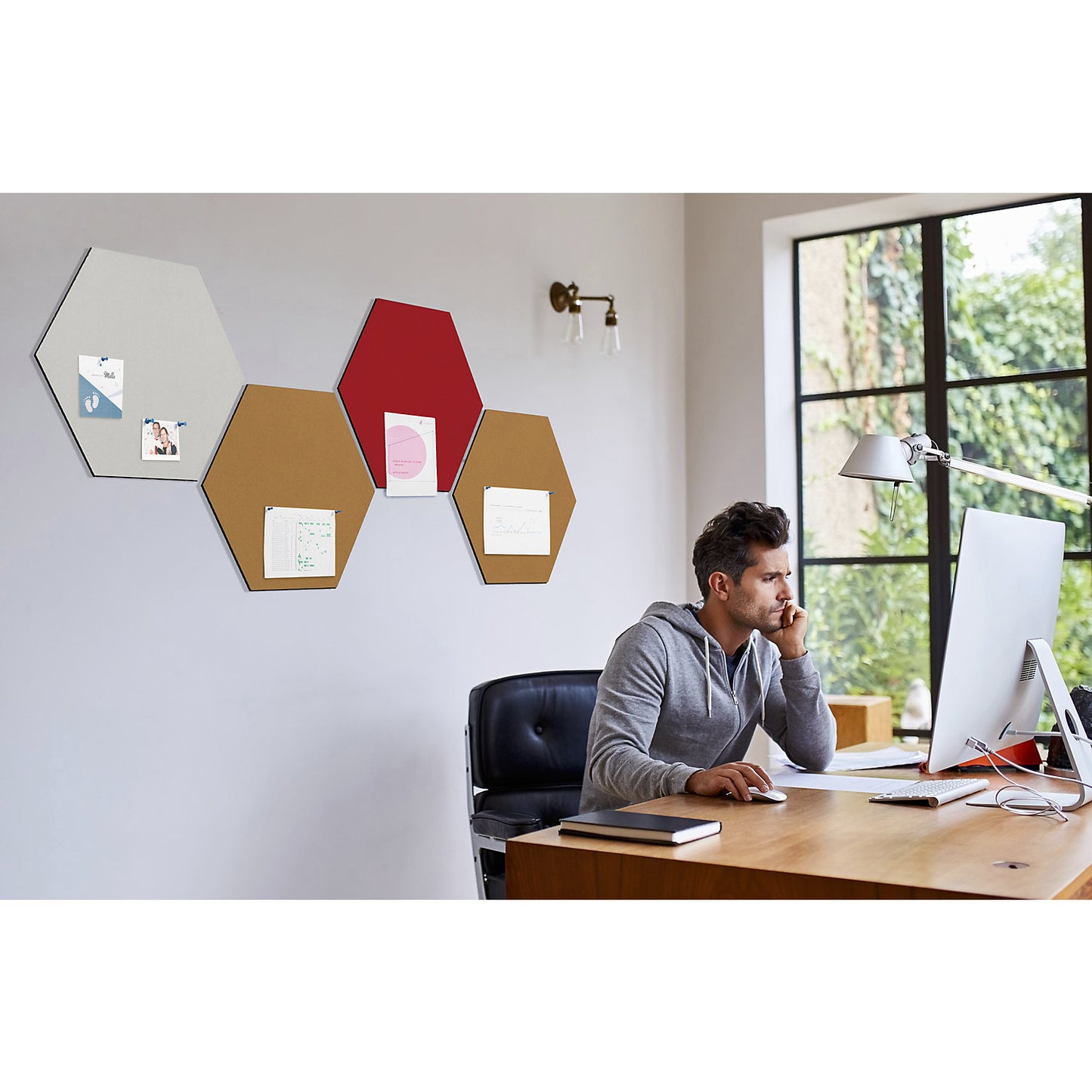 Hexagonal designer pin board, cork, WxH 600 x 600 mm, red.