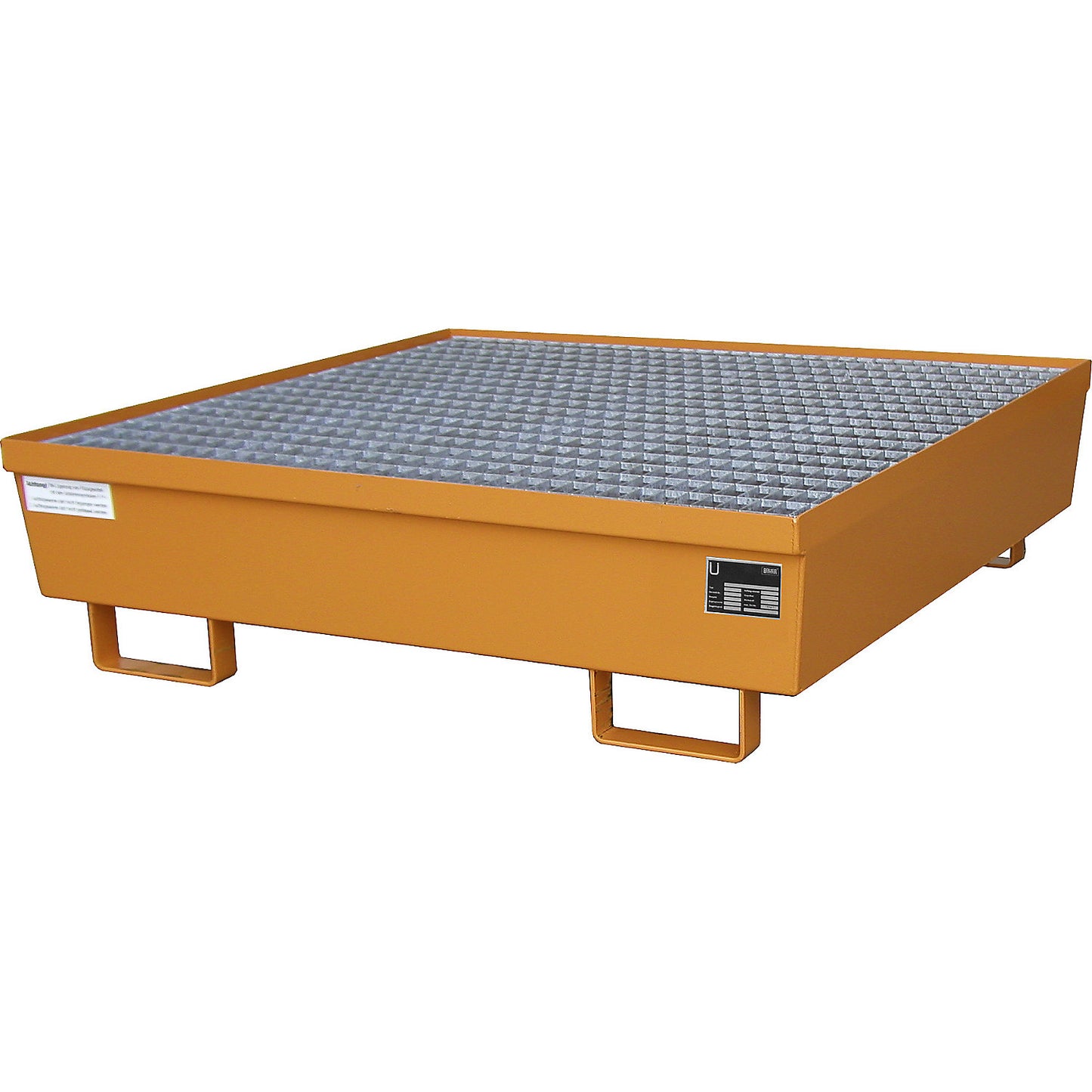 Steel sump tray with edge profiles, for 4 x 200 l drums, LxW 1200 x 1200 mm, orange RAL 2000.
