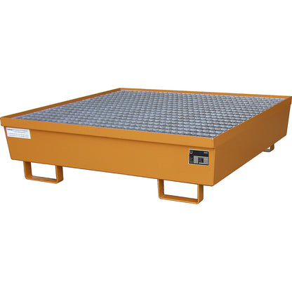 Steel sump tray with edge profiles, for 4 x 200 l drums, LxW 1200 x 1200 mm, orange RAL 2000.