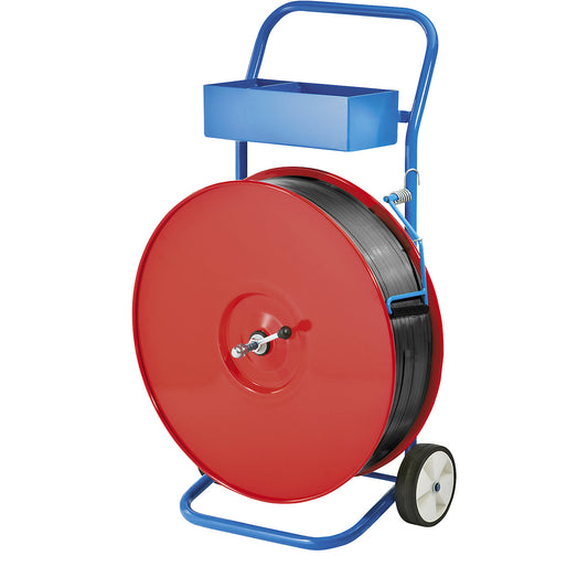 Strap dispenser for PP, PET and composite strapping, for strap width 12.7 - 25 mm, mobile, with storage compartment and calliper brake.