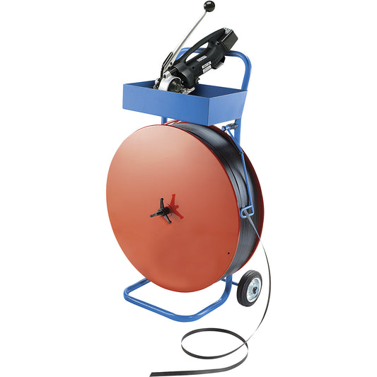 Strapping set, PP strapping, semi automatic tensioning and sealing tool, mobile strap dispenser, strap, strap width 16 mm.