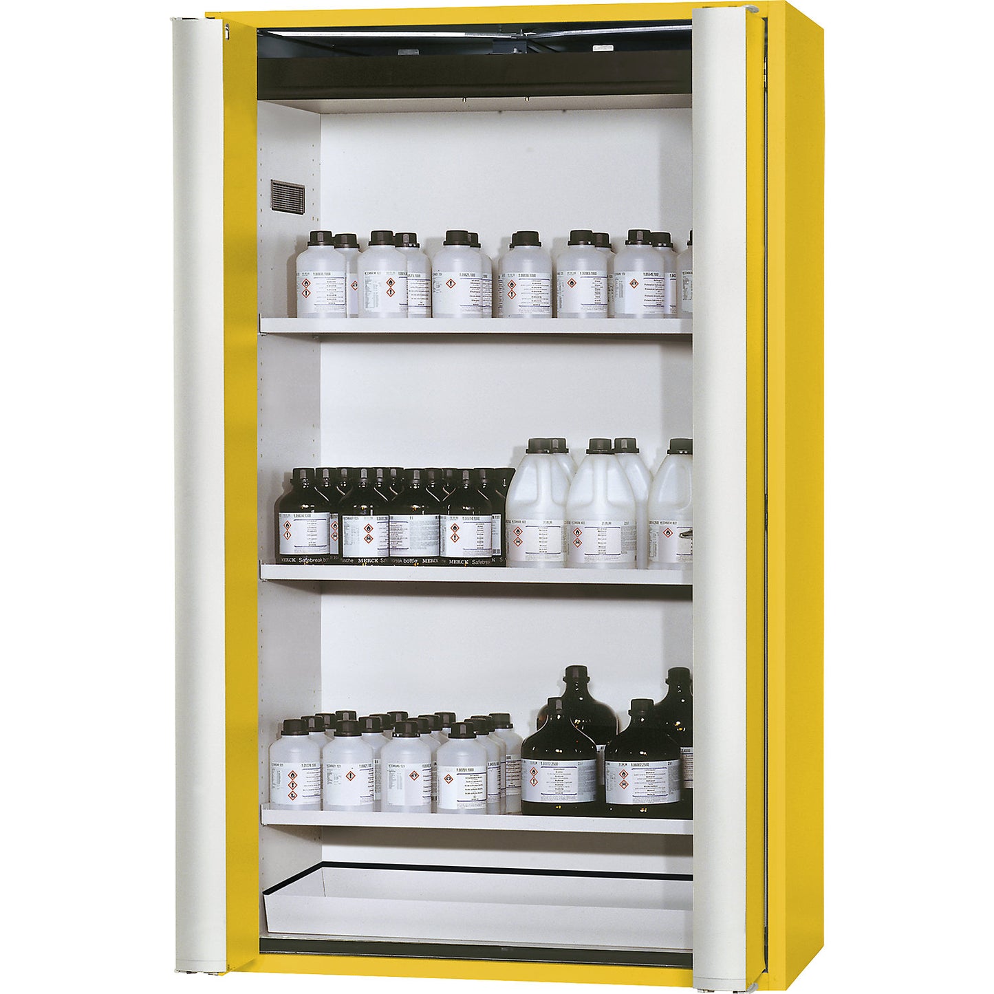 Fire resistant cupboard with folding doors for hazardous goods type 90, semi-automatic, with 3 shelves, gold yellow.
