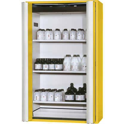 Fire resistant cupboard with folding doors for hazardous goods type 90, semi-automatic, with 3 shelves, gold yellow.