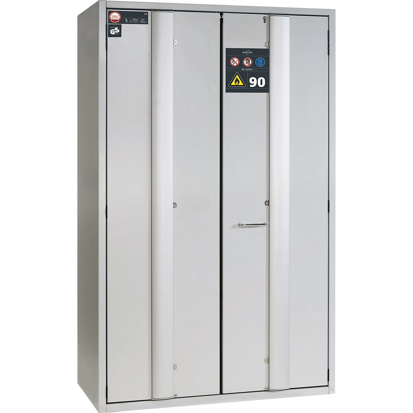 Fire resistant cupboard with folding doors for hazardous goods type 90, semi-automatic, with 3 shelves, light grey.