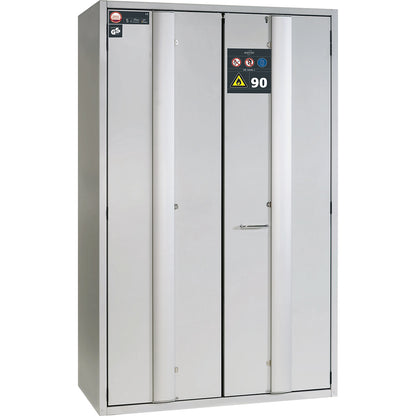Fire resistant cupboard with folding doors for hazardous goods type 90, semi-automatic, with 3 shelves, light grey.