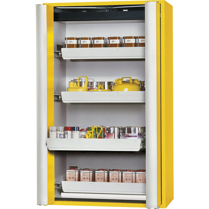 Fire resistant cupboard with folding doors for hazardous goods type 90, semi-automatic, with 4 drawers, gold yellow.