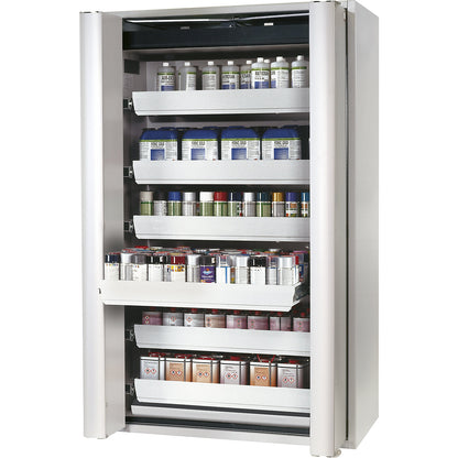 Fire resistant cupboard with folding doors for hazardous goods type 90, semi-automatic, with 6 drawers, light grey.