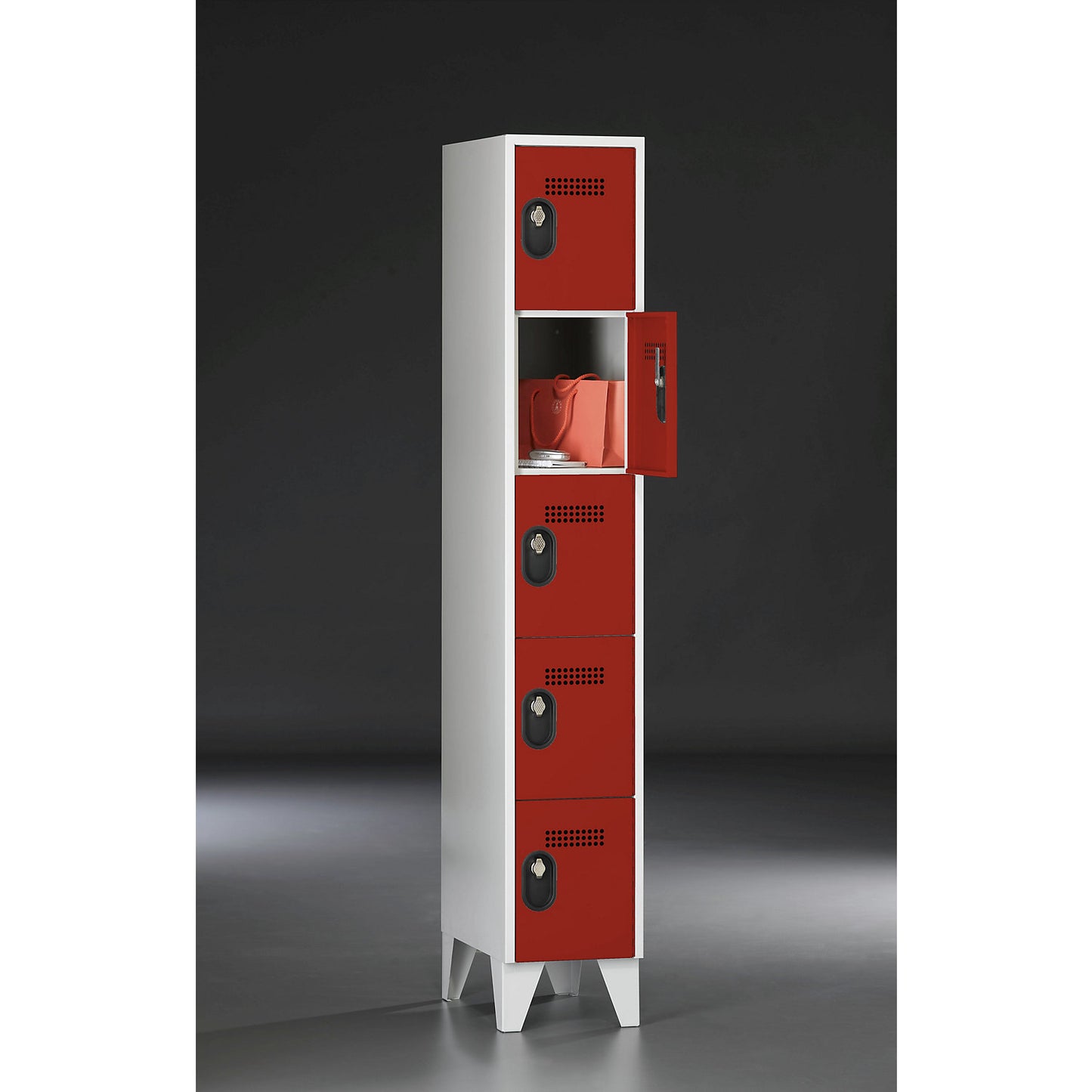 Köln 5-fold compartment locker, 1 compartment, light grey / flame red, 300 mm.