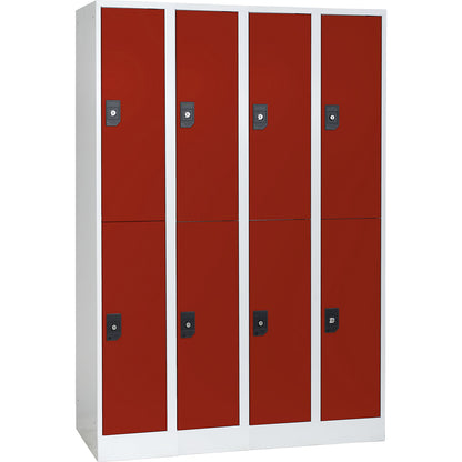 Stuttgart double deck clothes locker, 4 compartments, W 1200 mm, light grey / flame red.