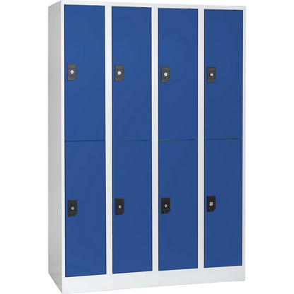 Stuttgart double deck clothes locker, 4 compartments, W 1200 mm, light grey / gentian blue.