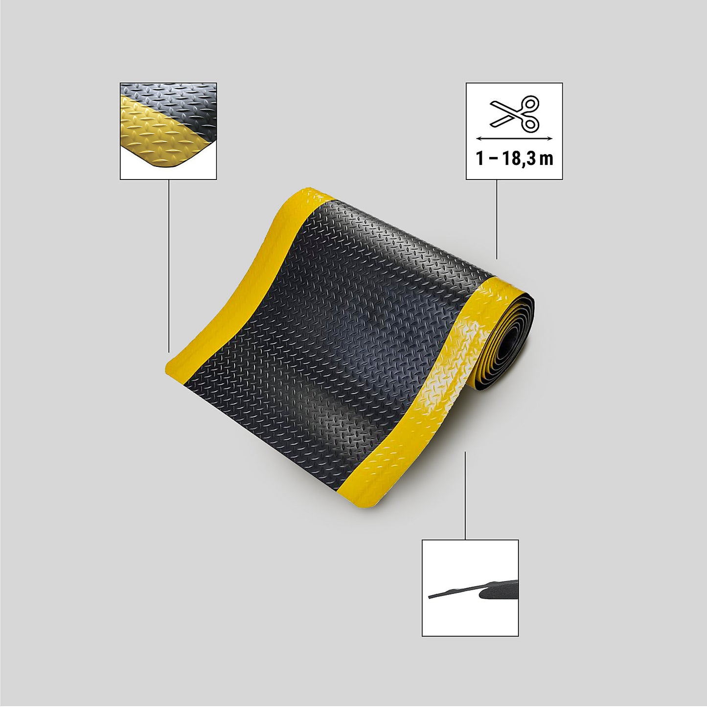 DECKPLATE anti-fatigue matting, cut to order, black / yellow, per m. x 900 mm, max. 18.3 m.