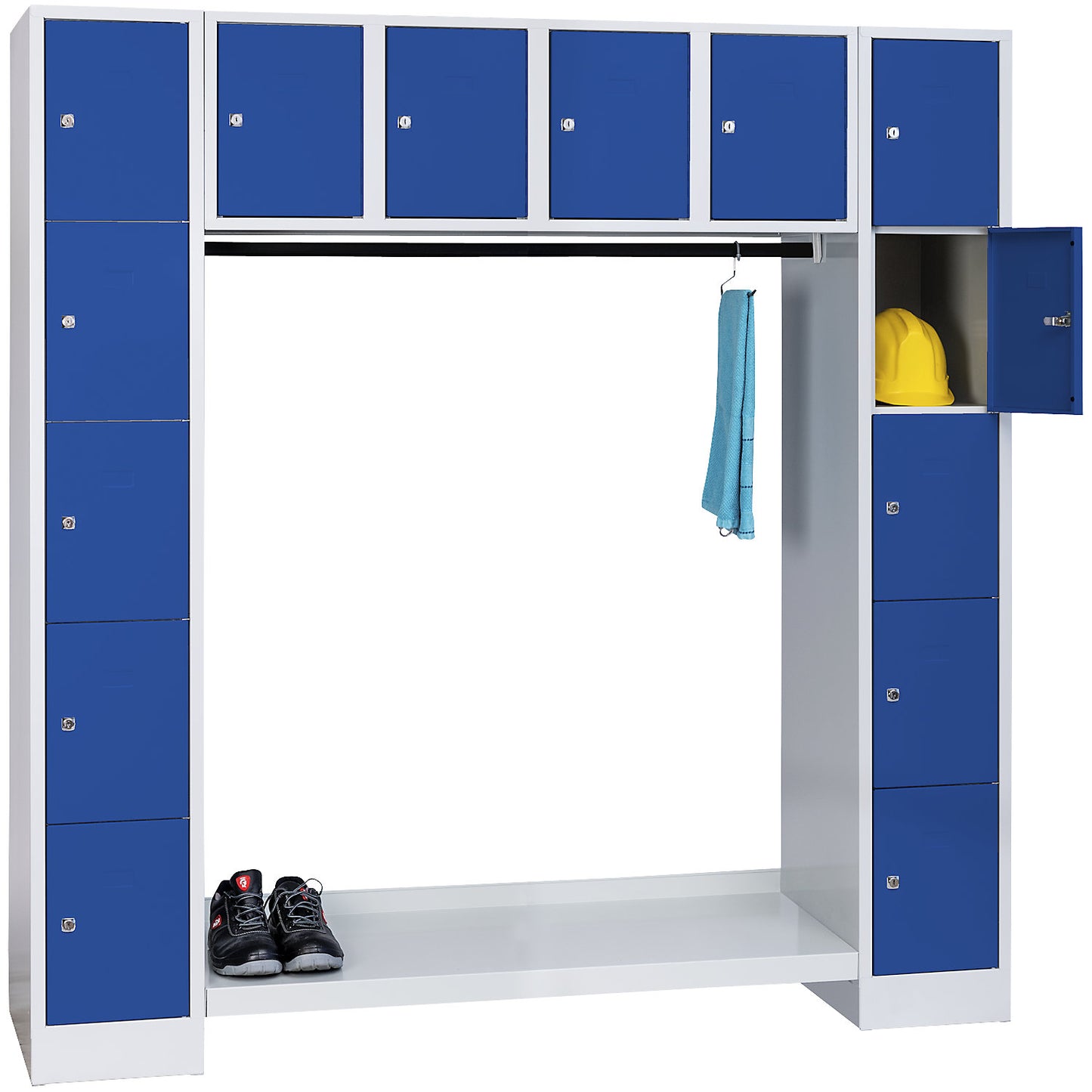 Dresden cloakroom locker system, 14 compartments, light grey / gentian blue.