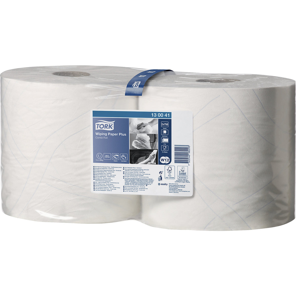 Multi-purpose paper wipes, hybrid quality, 2-ply, white, pack of 2 rolls, 750 sheets/roll.