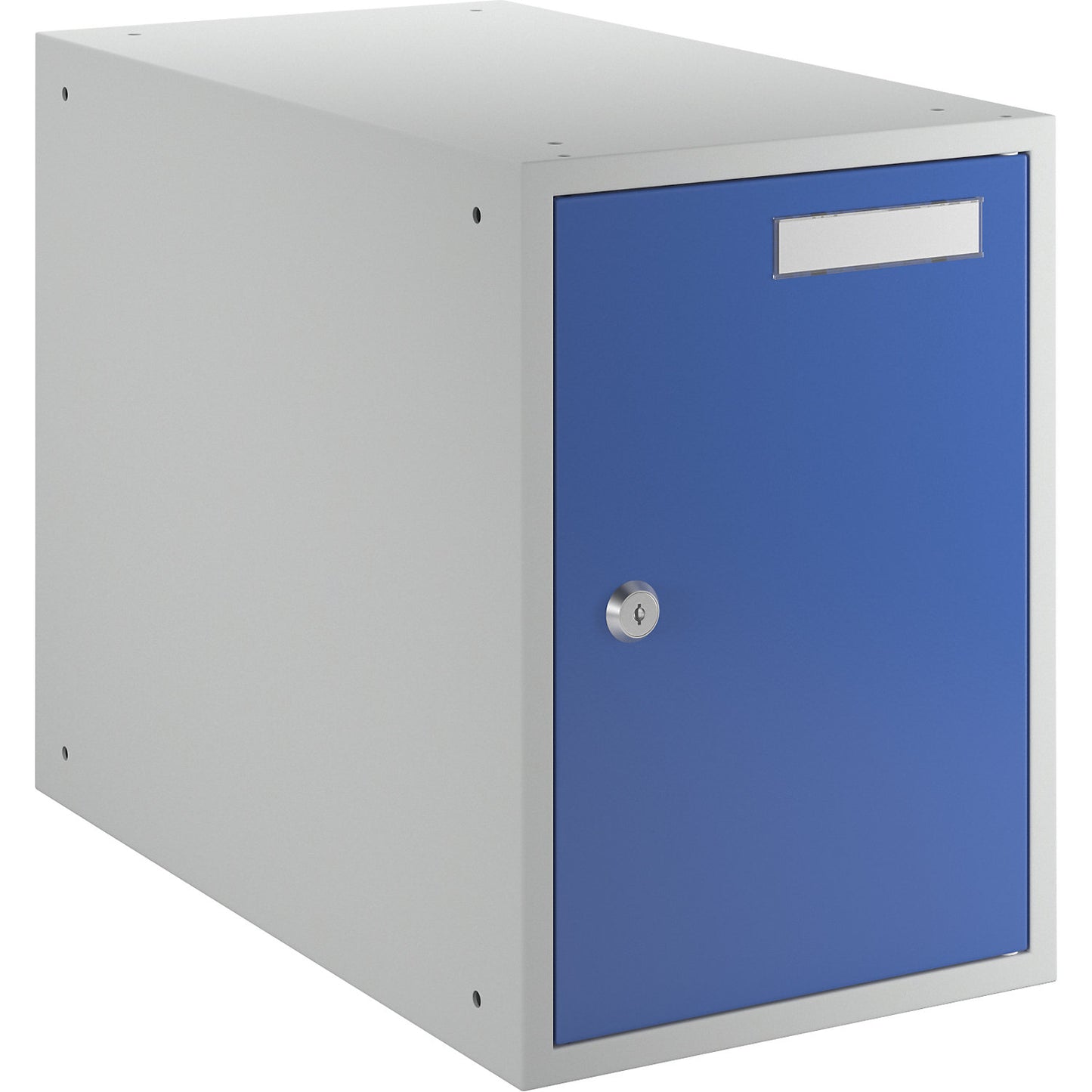 Cube locker, HxWxD 350 x 250 x 450 mm, solid panel door, light grey / gentian blue.