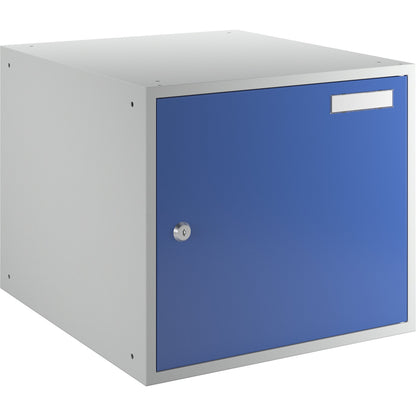 Cube locker, HxWxD 350 x 400 x 450 mm, solid panel door, light grey / gentian blue.