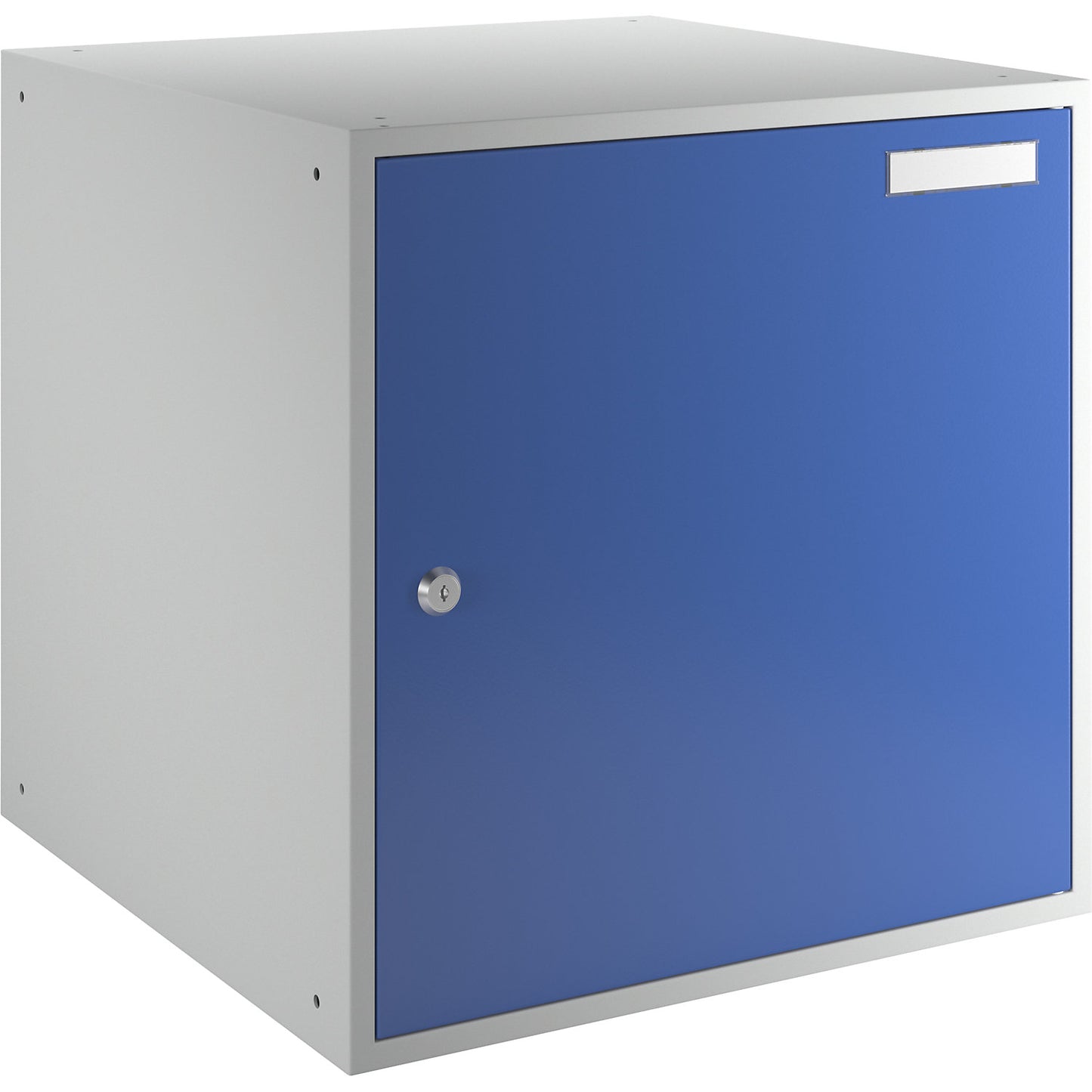 Cube locker, HxWxD 450 x 450 x 450 mm, solid panel door, light grey / gentian blue.