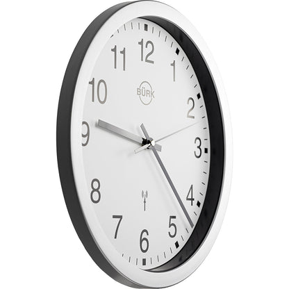Wall clock made of ABS plastic, silver, Ø 300 mm, white clock face, radio synchronised clock.
