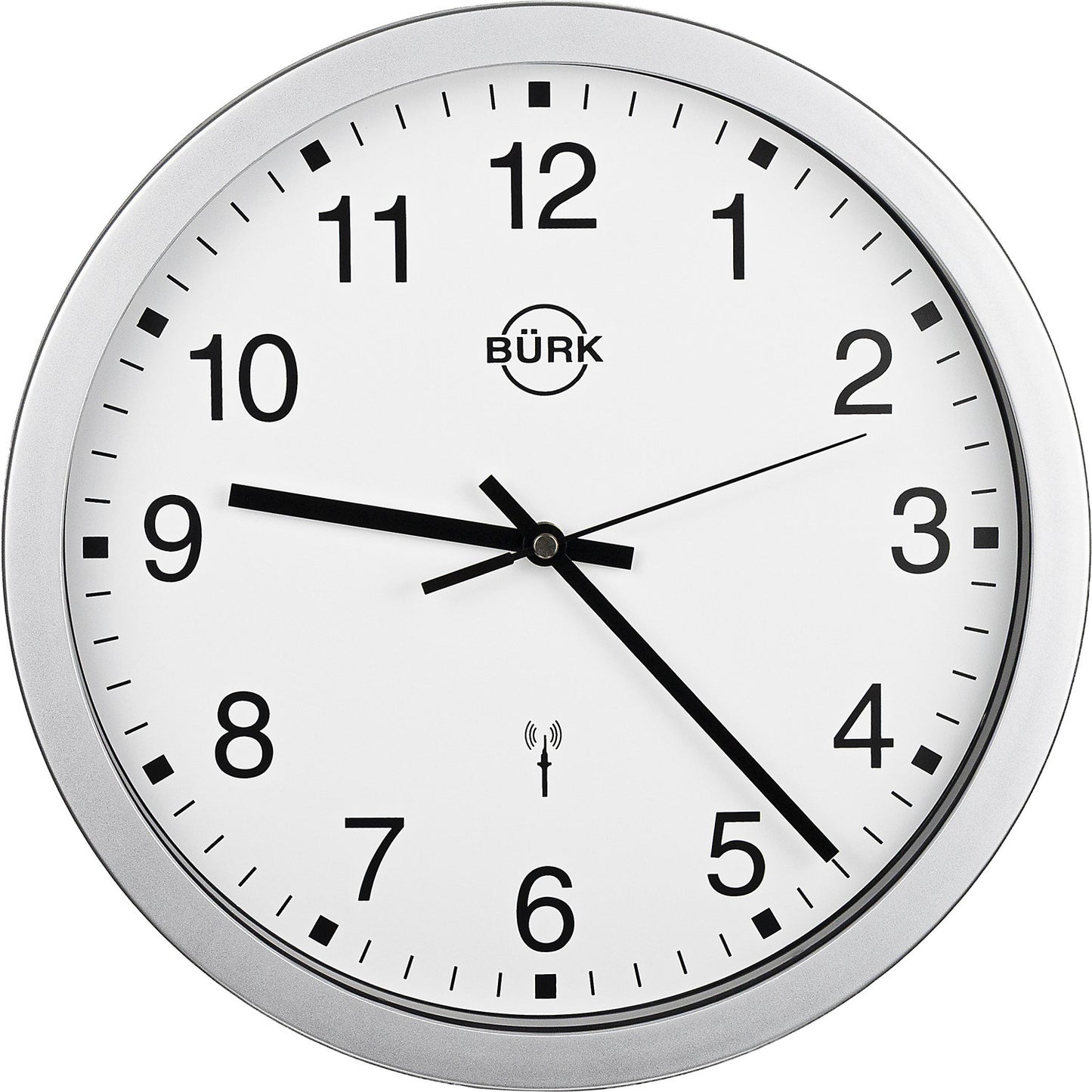 Wall clock made of ABS plastic, silver, Ø 300 mm, white clock face, radio synchronised clock.