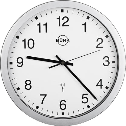 Wall clock made of ABS plastic, silver, Ø 300 mm, white clock face, radio synchronised clock.