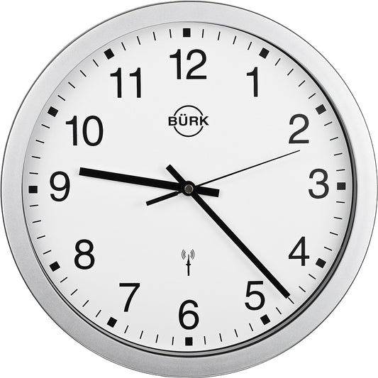 Wall clock made of ABS plastic, silver, Ø 300 mm, white clock face, radio synchronised clock.
