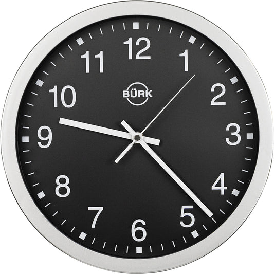Wall clock made of ABS plastic, silver, Ø 300 mm, black clock face, radio synchronised clock.