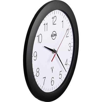 Wall clock made of ABS plastic, Ø 300 mm, radio synchronised clock, black housing, white clock face.