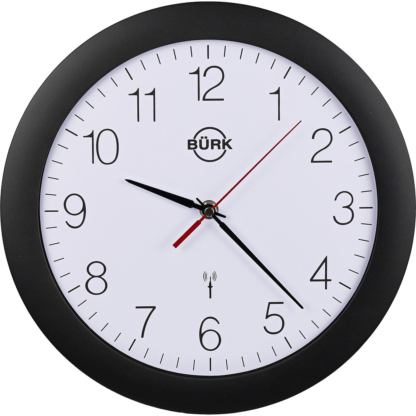 Wall clock made of ABS plastic, Ø 300 mm, radio synchronised clock, black housing, white clock face.