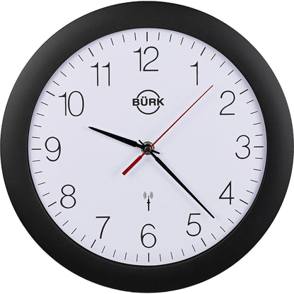 Wall clock made of ABS plastic, Ø 300 mm, radio synchronised clock, black housing, white clock face.