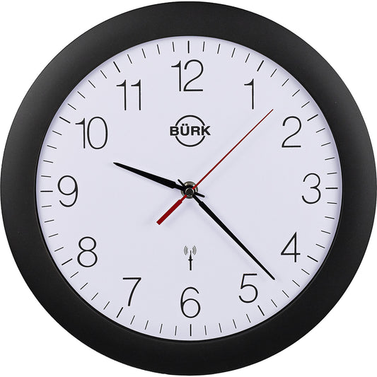 Wall clock made of ABS plastic, Ø 300 mm, radio synchronised clock, black housing, white clock face.