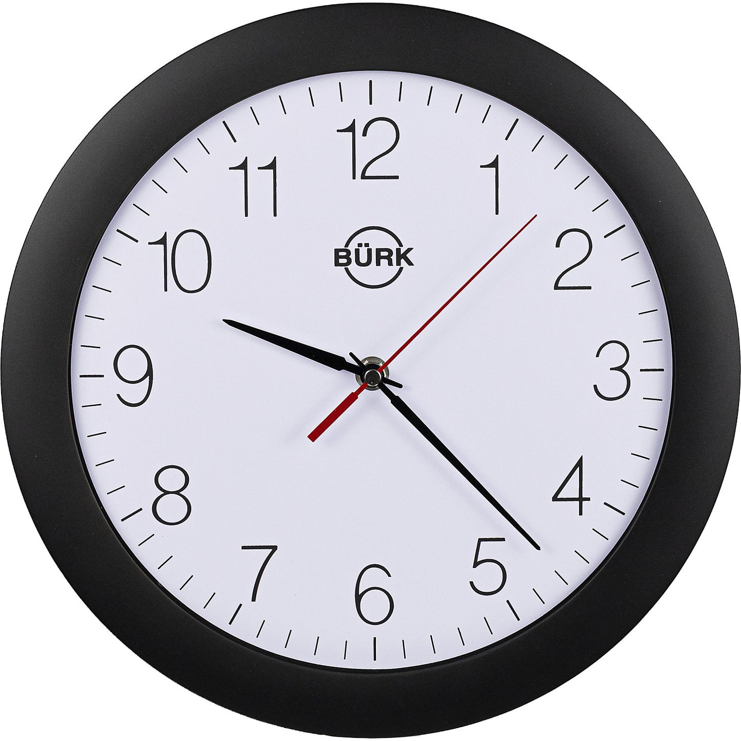 Wall clock made of ABS plastic, Ø 300 mm, quartz clock, black housing, white clock face.
